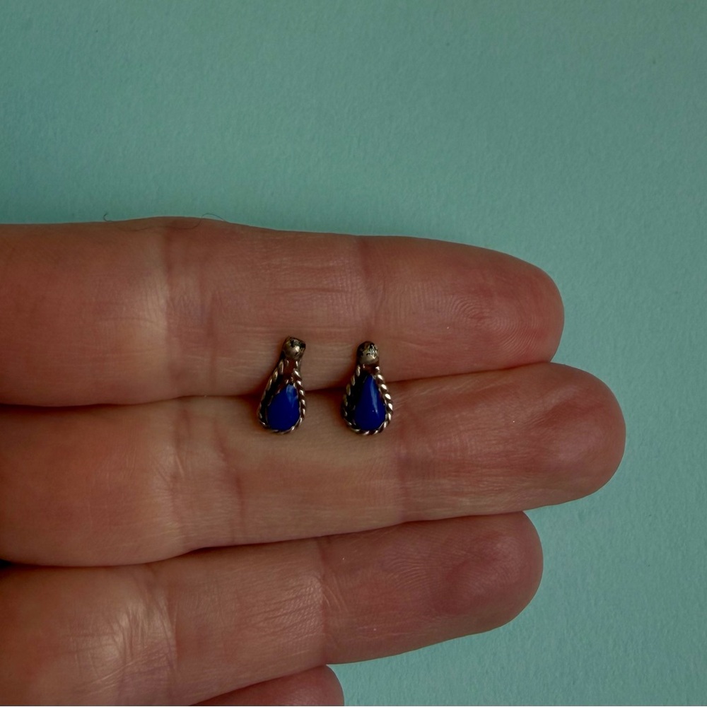 Silver Teardrop Blue Stone Stud Earrings - Women's Jewelry